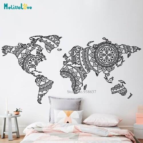 Mandala World Map Yoga Studio Decor Map Of The World Wall Art Home Removable Vinyl Stickers BA821