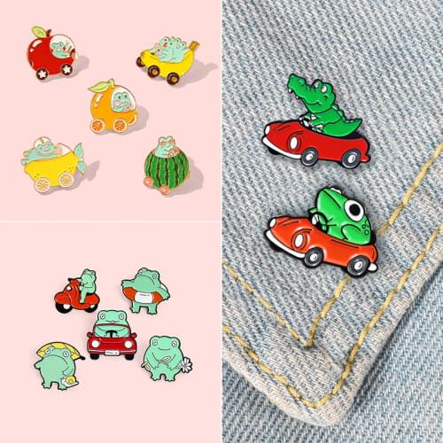 Cute Cartoon Frog Metal Enamel Brooch Driving Red Car Frog Badge Pin Unique Trendy Costume Jewelry Accessories Childrens Gift