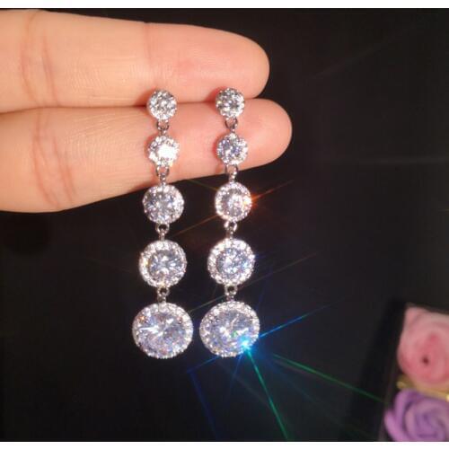 Fashion Crystal Round Drop Earrings 925 Sterling Silver Bridal Wedding Jewelry aaa Zircon Long Dangle Earrings Women
