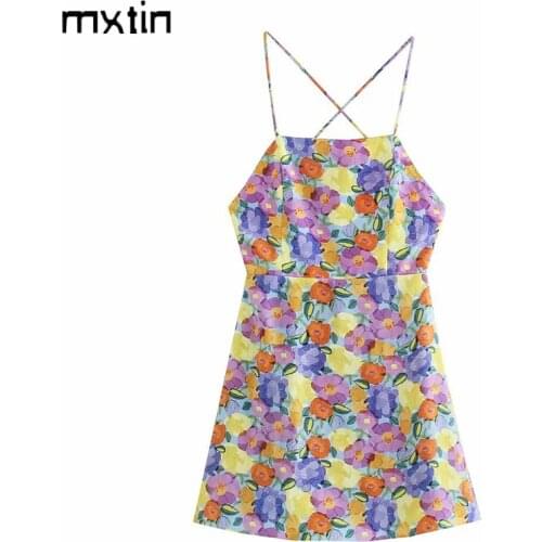 MXTIN 2021 Women Summer Vintage Floral Print Mini Dress Fashion Square Collar Sleeveless Backless Female Party Dresses Vestidos