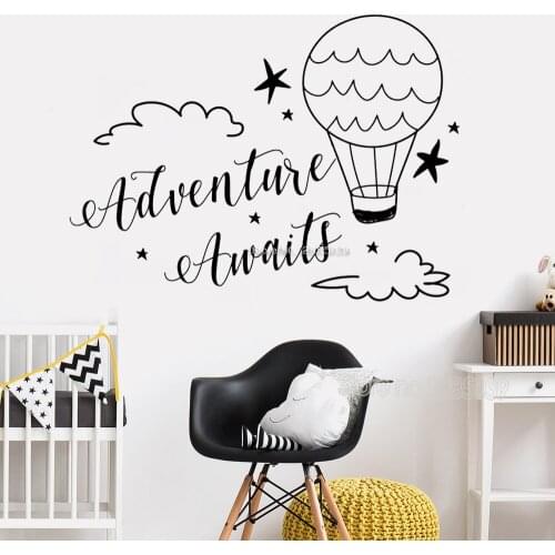 Clouds and Hotair Balloons Decals Adventure Awaits Quote Wall Stickers Boys Room Decor Lettering Mural Travel Vinyl Decal LC1225
