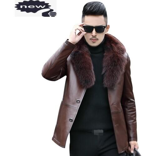 New Brand Men Genuine Leather Outerwear Detachable Real Fox Collar Male Luxury Winter Thick Warm Wool Lining Coat