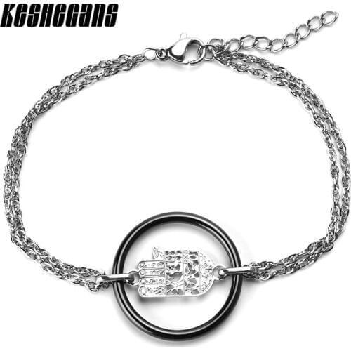 New Design Hand Of Fatima Bracelet Silver Hand Bracelet Boho Style Women Hollow Round Black White Ceramic Circle Women Bangle