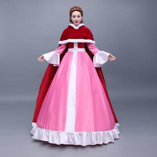 New Style Belle Cosplay Costume Red Dress Halloween Costumes Women Girls Dress With Petticoat Long Sleeve