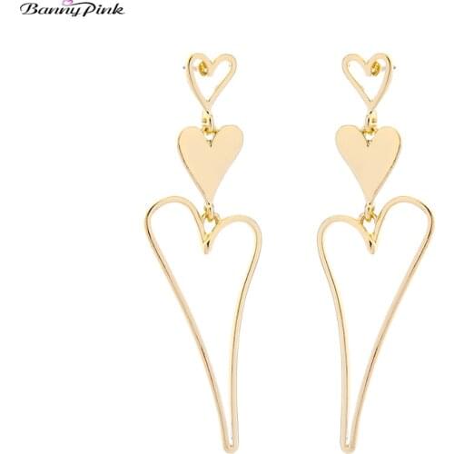 Banny Pink Sweet Heart Statement Stud Earrings For Women Lovely Metal Pendant Long Post Earrings Large Party Earrings Brincos