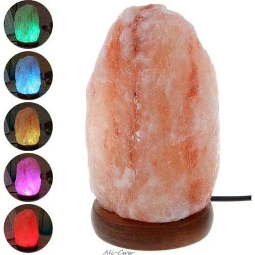 Hand Carved USB Wooden Base Himalayan Rock Salt Lamp Air Purifier Night Light S922