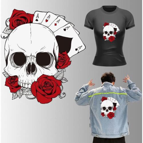 Rose Skull Transfer Iron On Clothes Playing CARDS Funny Thermal Stickers Heat Transfer Vinyl Diy T-Shirt Decal Accessories Patch