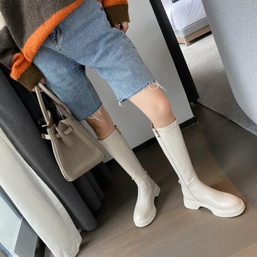 QZYERAI Winter Riding Boots Women Natural Genuine Leather Flat Knee High Boots Zipper Round Toe Shoes Lady Autumn Size 34-43