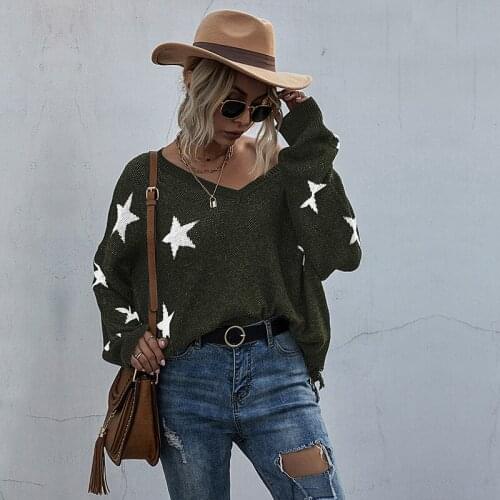 Spring New style women knitted V-neck pullover long-sleeved sweater printed star fashion sweater