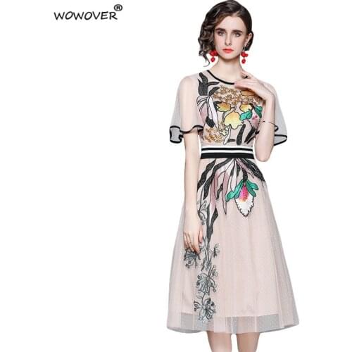Womens Fashion Runway Designer Butterfly Sleeve Floral Embroidery Midi Mesh Dress for Party Summer Clothes Cocktail Vestidos