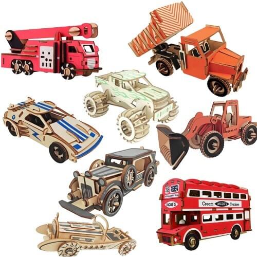 Wooden Painted 3D Bus Ambulance Race Car Puzzles DIY Assembly Education Kids Toy