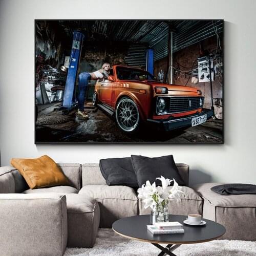 Car Girl Model Women Tattoo Car Canvas Painting Car Posters Cuadros Wall Art for Living Room Home Decor (No Frame)
