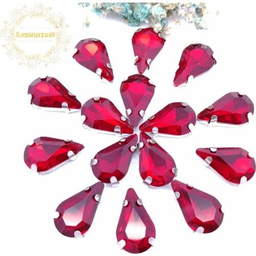 Free shipping! red Water drop shape Glass Crystal sew on rhinestones with claw Diy Clothing accessories 8*13mm 5*8mm 6*10mm