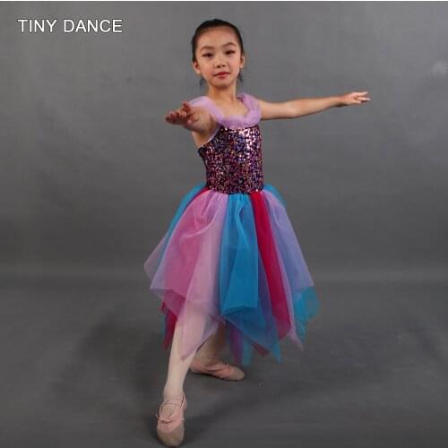 Child and Adult Lyrical Dance Costume Ballet Dress Rainbow Sequin Mesh and Spandex Leotard with Colored Mesh Skirt 20040