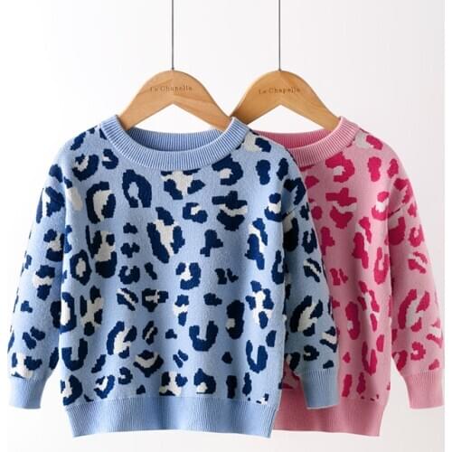 Kids Leopard Girls Sweater Long Sleeve O-neck Pullover Knitted Kids Tops Spring Autumn Winter Children Sweaters Tops Outwear