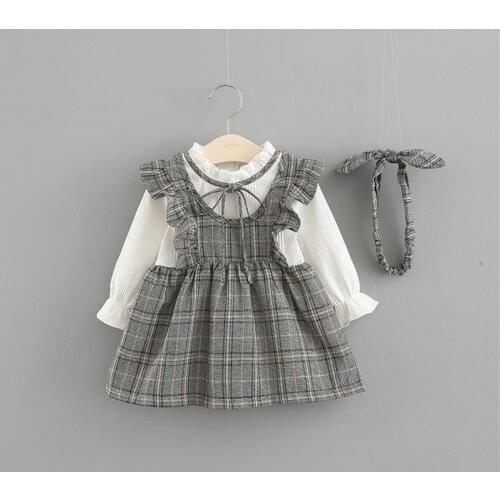 2020 Baby Clothes Kids Baby Girls Dress 0-2Y Spring New Plaid Long Sleeve Ruffle Dress Bow Headband Sundress 2Pcs Sets