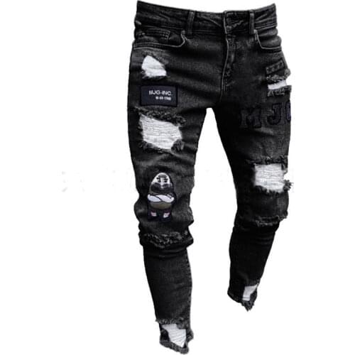 2020 New Men Stretchy Ripped Skinny Biker Embroidery Print Jeans Destroyed Hole Taped Slim Fit Denim Scratched High Quality Jean