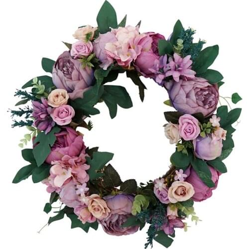 Artificial Flowers Peony Wreath with Green Leaves, for Front Door Living Room Wall Window Garden Wedding Festival Decor