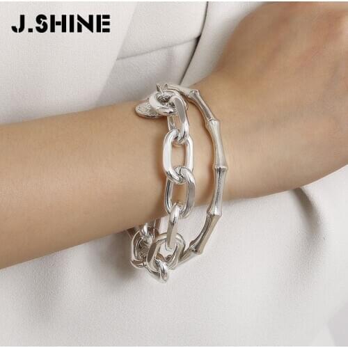 JShine Gold Silver Color Link Chain Bracelet Bangles for Women Stackable Chunky Bamboo Bangle Hip Hop Women Fashion Jewelry