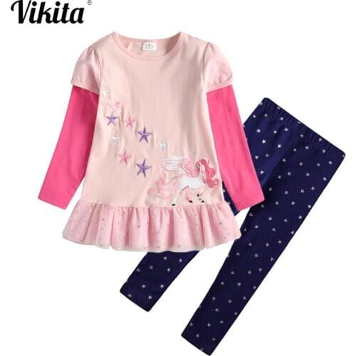 VIKITA Baby Girls Unicorn Cartoon Clothing Sets Long Sleeve T Shirts and Pants Trousers Kids Girls Children Casual Cotton Sets