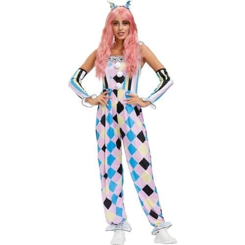 Halloween Adult Women Funny Circus Clown Magician Cosplay Costume Horror Ghosts Evil Quinn Honey Joker Jumpsuit