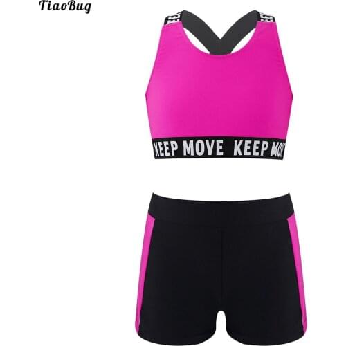 TiaoBug Summer 2Pcs Kids Girls Sport Suit Dancewear Swimwear U Neck Cross Straps Open Back Color Block Patchwork Vest And Shorts