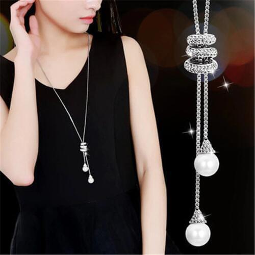 Hot Sales Shining Rhinestone Maple Leaf Sweater Chain Party Elegant Long Pendant Jewelry Fashion Pearl Neck Accessories 533