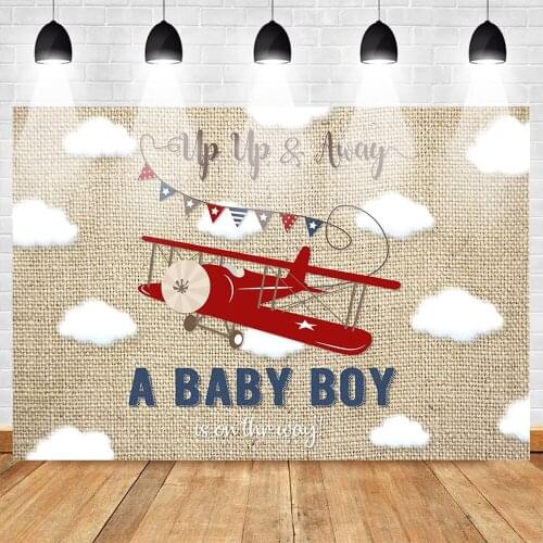 MOCSICKA Newborn Photography Backdrops for Boy Baby Shower Background Red Aircraft Cloud Bunting Customized Backdrop for Studio