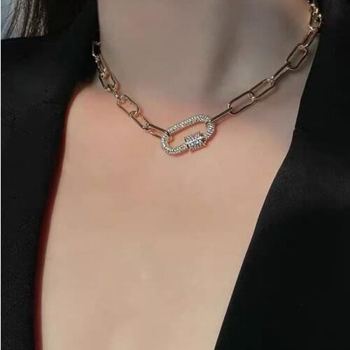 LOVOACC Fashion Full Rhinestone Paperclip Pendant Necklace for Women Gold Color Chunky Linked Chain Chokers Necklaces Jewelry