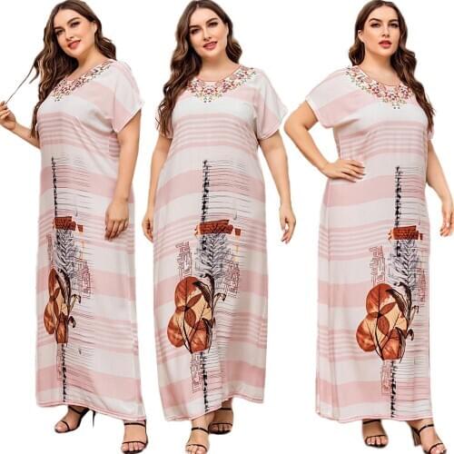 Muslim Women Casual Long Dress Printed Embroidery Islam Plus Size Maxi Robe Ramadan Arab Jilbab Kaftan Loose Short Sleeve Summer