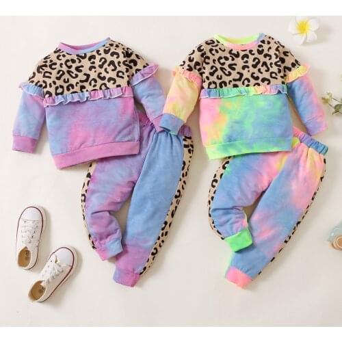Citgeett Autumn Kids Baby Girls Suit Set Tie Dye Leopard Print Long Sleeve Tops+ Trousers Sping Clothes Set 1-5Years