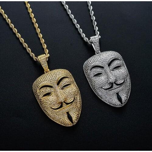 New Iced out V Mask pendant hip hop Jewellery V for Vendetta Fashion Cubic Zirconia Stone Necklace For Men Women Gift