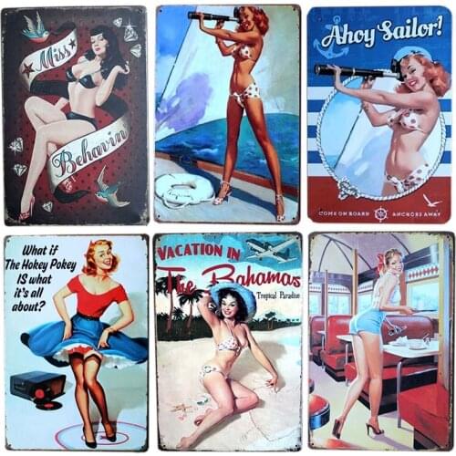 Pin Up Poster Vintage Girl Metal Tin Sign Pinup Cafe Decoration Pub Retro Wall Plaque Decorative Home Decor 20x30cm