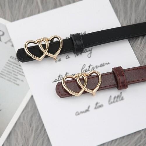 New Fashion PU Leather Thin Belt For Women Double Heart Buckle Waist Strap Ladies Trouser Dress Decoration Designer Waistband