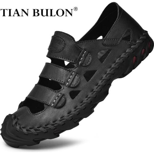 Summer Men Sandals Genuine Leather Non-slip Men Outdoor Casual Shoes Handmade Breathable Mens Sandals Beach Shoes Plus Size 46