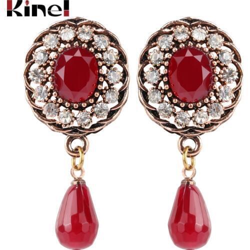 Kine Natural Stone Drop Earrings For Women Ethnic Bohemian Jewelry Antique Gold Color Ren Crystal Earrings Party Gifts