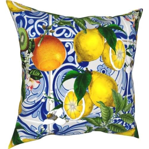 Mediterranean Lemon On Blue Ceramic Tiles Pillowcase Soft Polyester Cushion Cover Decorative Pillow Case Cover Home Square
