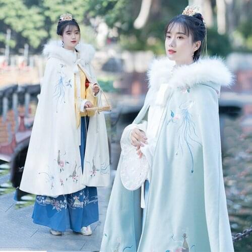 Women Hanfu Cloak Flower Embroidery Autumn and Winter Overcoat Festival Rave Outfit Performance Clothing Ladies Folk Coat DC3450