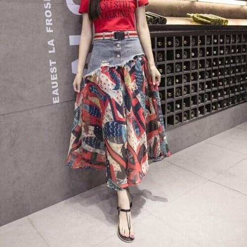 Holiday Style Summer Denim Patchwork Chiffon Beach Skirts Womens A-Line Long Skirt High Waist Vintage Elegant Printed Skirts