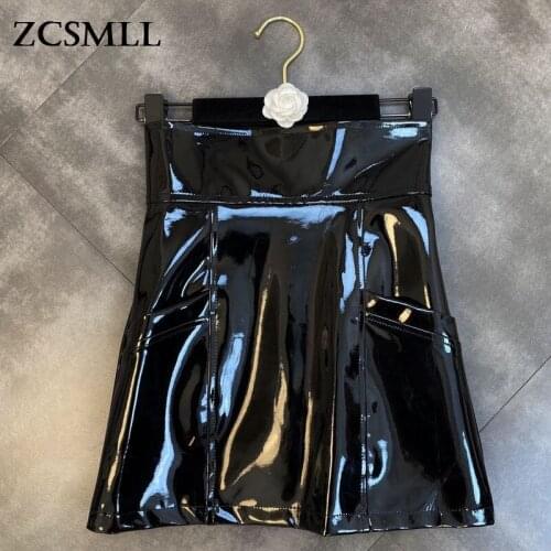ZCSMLL 2021 Spring Autumn Stitching Pocket Patent Leather Shiny Face Vintage Fashion Buttocks Women Half Skirt Tide