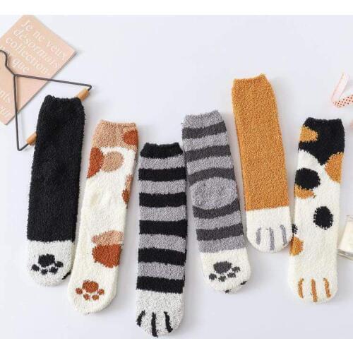 Women Socks Girl Cat Claws Funny Socks Cartoon Cute Winter Warm Fleece Sleep Floor Socks Plush Coral One Size for Pregnant NEW
