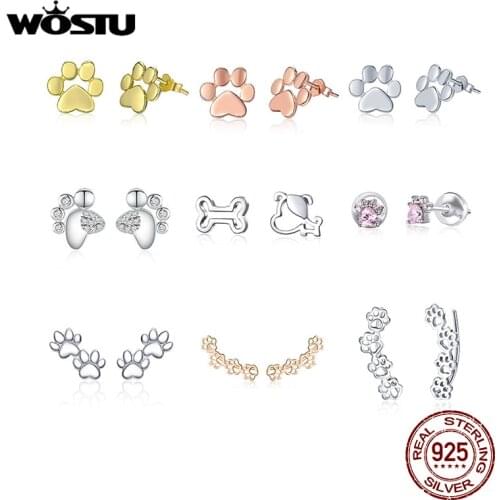 WOSTU Footprint Stud Earrings 925 Sterling Silver Paw Dog Animal Zirconia Small Earrings For Women Original Silver 925 Jewelry