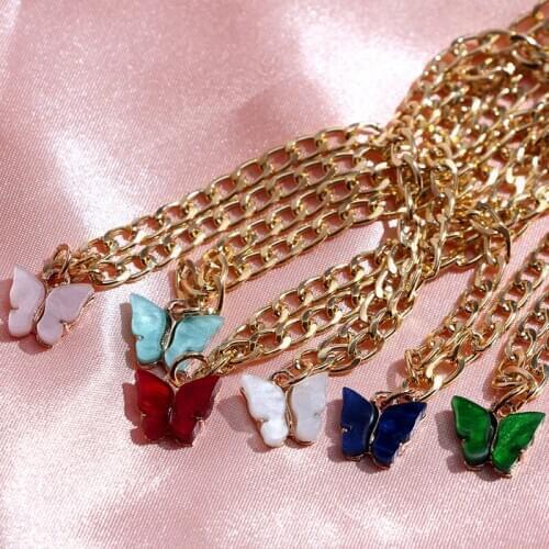 Flatfoosie 2Pcs/Sets Resin Acrylic Pendant Necklace Girls MultiColor Butterfly Necklace Colorful Sweet 2020 Bohemian Jewelry