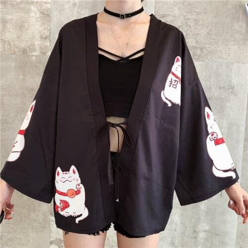 Harajuku Women Coat Japanese Lucky Cats Printing Summer Loose Sleeves Kimono Thin Coat Clothing Women