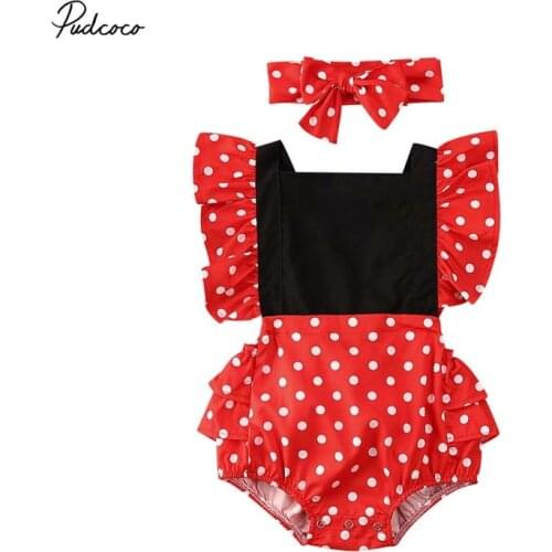 2020 Baby Summer Clothing Newborn Baby Girl Clothes Ruffle Sleeveless Bodysuit Headband Polka Dots Patchwork Outfits Set