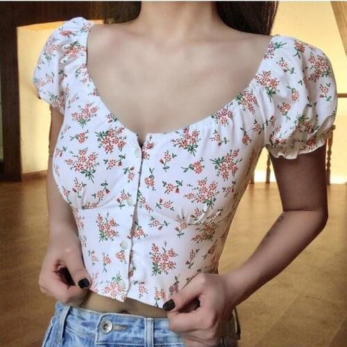 2021 Fashion Temperament Floral Shirt Short Puff Sleeve Summer Top Button Abstract Print Woman T Shirts New Arrival Clothing