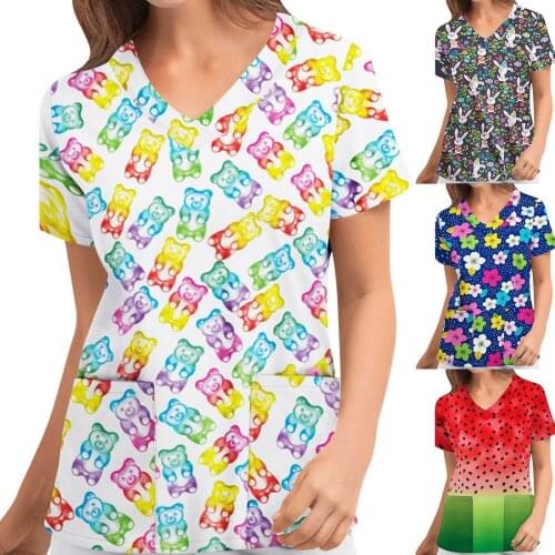 40# Nurse Uniforms Women Enfermera T-shirts Plue Size Animal Print Pocket Casual Short Sleeve T-shirt V-neck Carer Top Workwear