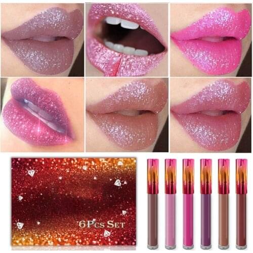 6pcs/set Glitter Liquid Lipstick Set Diamond Shimmer Lipgloss Long Lasting Lipstick Not Stick Cup Lip Glosses Set
