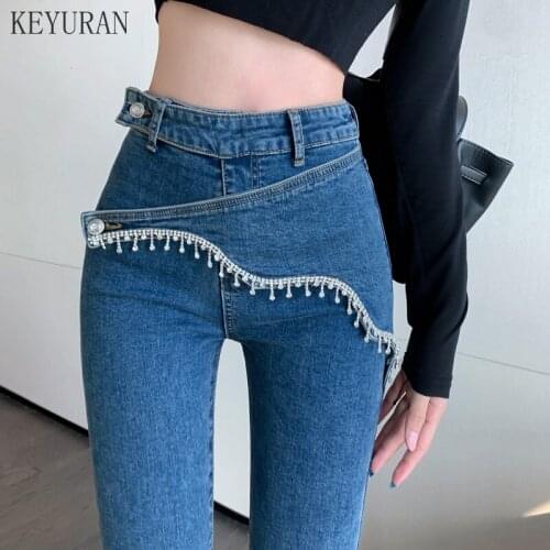 Denim Pants Jeans Womens 2021 Autumn New Spring Elastic High Waist Slim Button Tassel Skinny Pencil Pants Female Jeans Trousers