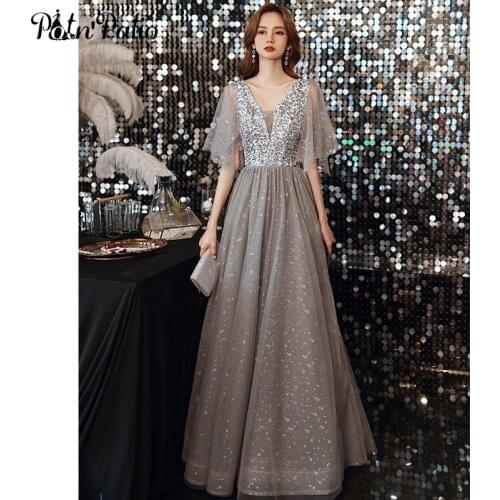 Elegant V-neck Evening Dresses 2021 A-line Floor-length Silver Gray Long Women Formal Gowns Plus Size